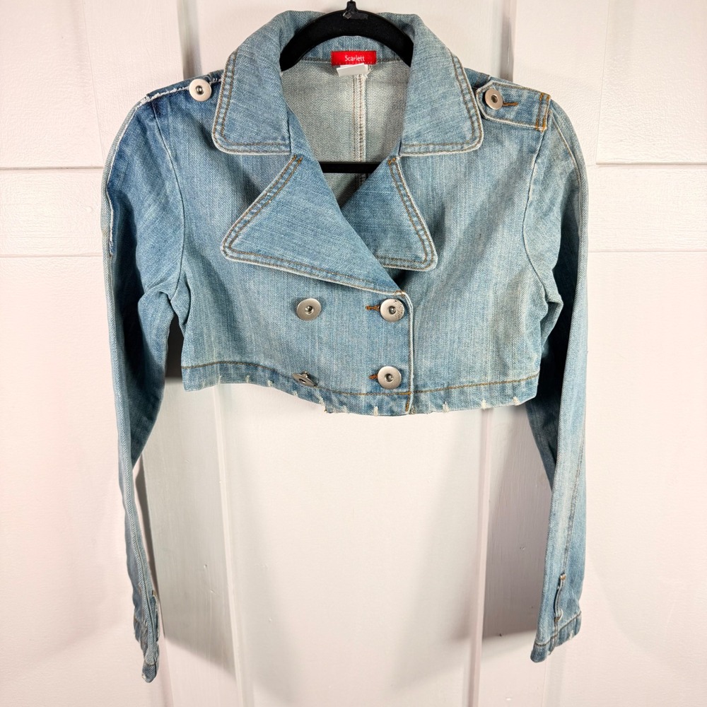 VTG Scarlett Light Wash Cropped Denim Jacket Double Breasted Floral Emb 1402J